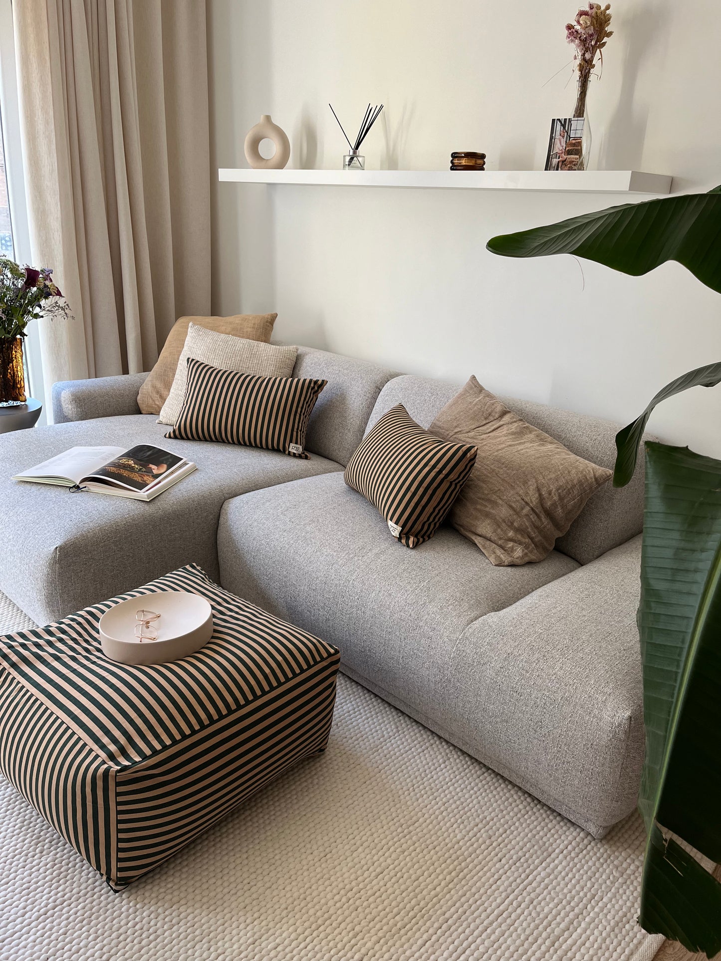 Beige striped pouf